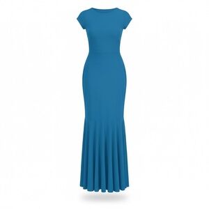 Women's Long Cap Sleeve Formal Evening Cocktail Maxi Dress Blue Fit & Flare - 2X